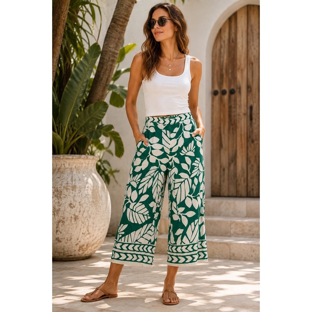 Atelier Nicole Miller Women L Linen Blend Green Floral Wide Leg Crop Pants